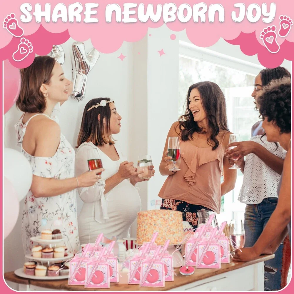 25 Pink Baby Shower Favors/Gender Reveal Candles, Bags, Card and Pens Set